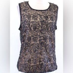 Max Studio Black Mesh Fringe Textured Embroidered Sequin Sleeveless Tank Top